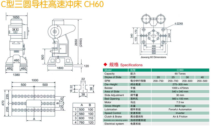 C型三圓導柱沖床CH60參數及規格